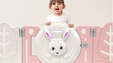 Gardulet loc de joaca copii pentru interiorexterior Nichiduta Garden 200x155 cm cu margini rotunjite, poarta de siguranta, covoras din spuma 1cm grosime,100 bile color si cosulet pliabil Bunny Pink