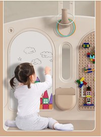 Gardulet loc de joaca interiorexterior Nichiduta Garden 200x160 cm cu poarta de siguranta,joc cu inele,covoras din spuma 1 cm grosime,100bile color,cuburi,cos de baschet si mingie inclusa Moon Coffee - 4