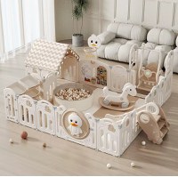 Gardulet loc de joaca interiorexterior Nichiduta Garden cu margini rotunjite,Poarta de siguranta,Leagan,Balansoar,Casuta,Cos de baschet,Organizator,Tobogan,Piscina uscata,Covoras spuma 1cm grosime Happy House Beige - 1