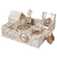 Gardulet loc de joaca interiorexterior Nichiduta Garden cu margini rotunjite,Poarta de siguranta,Leagan,Balansoar,Casuta,Cos de baschet,Organizator,Tobogan,Piscina uscata,Covoras spuma 1cm grosime Happy House Beige - 4