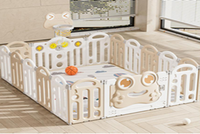 Gardulet loc de joaca pentru copii Nichiduta Garden Beige Frog, pliabil si portabil, de interiorexterior, compus din 14 panouri de gard + 2 panouri laterale cu Cos de baschet si angrenaje rotative, dimensiune 150 x 187.5cm - 1