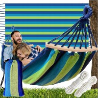 Hamac pentru 2 persoane, 150x200 cm, tija din lemn, maxim 200 kg, husa depozitare, verdealbastru - 2