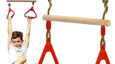 Leagan pentru copii, Kruzzel, model 2 in 1, include trapez de gimnastica si bara acrobatica din lemn, inaltime reglabila, max 100 kg