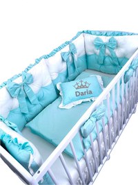 Lenjeria de pat Personalizata cu 4 perne aparatori matlasate, cearceaf cu volanas, pilota si pernuta 140x70 cm  verde menta - 1