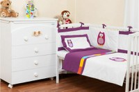 Lenjerie 3 piese pentru patut 60x120 cm Bufnite brodate mov - 2