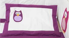 Lenjerie 3 piese pentru patut 60x120 cm Bufnite brodate mov