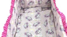Lenjerie de pat 3 piese cu cearceaf plapumioara si pernuta slim 140x70 cm Croitoria Noastra unicorni Roz