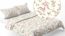 Lenjerie de pat pentru copii BabyMam Secret Garden, bumbac 100%, husa plapuma 140 x 200 cm cu fermoar si fata de perna 70 x 80 cm