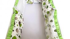 Lenjerie patut 120x60 cm cu 6 aparatori pufoase, cearsaf si paturica Bufnite verzi