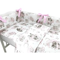 Lenjerie patut 3 piese Qmini cu protectie laterala din bumbac 140x70 cm Teddy Bear and Friends Pink - 1
