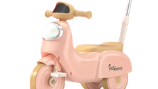 Motocicleta cu pedale pentru copii Nichiduta 3in1 Fast Pink cu maner parental detasabil,far cu lumina LED,muzica,spatiu de depozitare,structura stabila,sistem antirasturnare,roti rezistente,unghi de viraj limitat