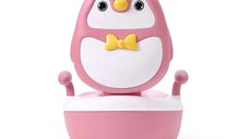 Olita pentru copii Little Mom Pink Penguin, cu picioruse antiderapante ajustabile in inaltime, capac rabatabil cu functie de spatar ergonomic, cu manere de sustinere si vas colector detasabil, dimensiune 34 x 38 x 49 cm