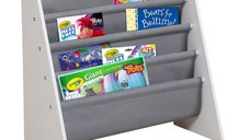 Organizator copii Ginger Home WhiteGrey cu rafturi pentru carti si reviste,material MDFtextil,potrivit pentru camera de zi, birou, centre pentru copii si gradinite ,dimensiune 62,7x28x60cm