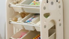 Organizator pentru copii Nichiduta Garden Blue Bear, cu rafturi deschise, pe 3 nivele, include 5 cutii mici si 2 cutii mari, dimensiune 66 x 33 x 66 cm