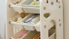 Organizator pentru copii Nichiduta Garden Blue Bear, cu rafturi deschise, pe 3 nivele, include 5 cutii mici si 2 cutii mari, dimensiune 66 x 33 x 66 cm