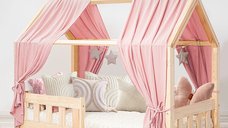 Pat copii montessori tip casuta, LittleAmy, Angel Nest, Balustrade cu bare plate, Natur, 100 x 200 cm