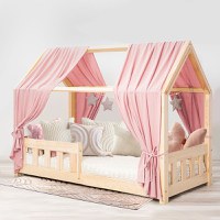 Pat copii montessori tip casuta, LittleAmy, Angel Nest, Balustrade cu bare plate, Natur, 100 x 200 cm - 1