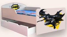 Pat pentru copii Batman cu sertar si saltea, 2-8 ani, 140x70 cm