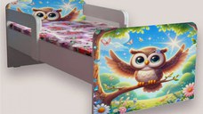 Pat pentru copii Bufnita, cu manere si saltea, 2-8 ani, 140x70 cm