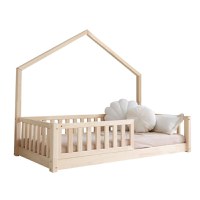 Pat pentru copii casuta montessori, Little Amy, MiniNest, balustrade cu bare plate, Natur, 80x160 cm - 3