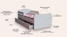 Pat pentru copii Eroi in pijamale, cu manere si sertar, 2-6 ani, 130x60 cm