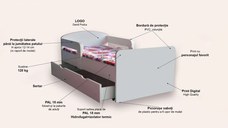Pat pentru copii Frozen, cu manere, sertar si saltea, 2-12 ani, 160x80 cm