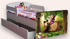 Pat pentru copii Masha si ursul, cu manere si sertar, 2-8 ani, 140x70 cm