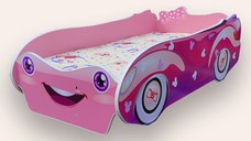 Pat pentru copii masina Minnie Roz cu saltea, 2-8 ani, 140x70 cm