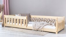 Pat pentru copii Montessori cu balustrada, Little Amy, Charlie, balustrade cu bare plate, Natur, 120 x 200 cm