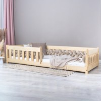 Pat pentru copii Montessori cu balustrada, Little Amy, Charlie, balustrade cu bare plate, Natur, 120 x 200 cm - 1