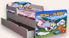 Pat pentru copii Tom si Jerry, cu manere, sertar si saltea, 2-12 ani, 160x80 cm