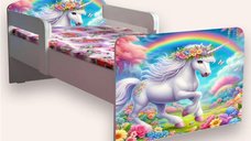 Pat pentru copii Unicorn varianta 2, cu manere si saltea, 2-12 ani, 160x80 cm