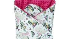 Paturica multifunctionala de infasat bebelusi Kerstin Bunny Pink cu doua fete bumbacminky,dimensiune 75x75 cm,inchidere cu scai