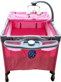 Patut copii Baby Care PRO FMAT Roz, Pliabil, 2 Niveluri de inaltime, Melodii, Masa infasat, Carusel cu jucarii din plus, Plasa insecte - 1