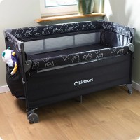 Patut de calatorie pentru copii, Kidnort, pliabil, multifunctional 3 in 1, din material Oxford 300, cu geantuta de depozitare, laterala culisanta, roti cu frana, accesorizat, Stugan Dark Grey - 1