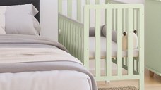 Patut din lemn Bambi menta cu laterala culisanta, roti cu blocare si protectie silicon pentru dentitie, 100 x 50 cm