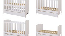 Patut din lemn Nichiduta Philip Alb 120x60 cm cu Laterala detasabila,Sertar cu roti,Margine din silicon pentru protectie dintisori,Design elegant,Vopsele si materiale sigure,3 Nivele reglare somiera,Margini rotunjite