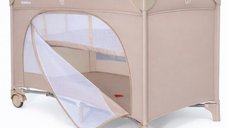 Patut pliabil pentru copii Nichiduta Beige, cu doua nivele, multifunctional 2 in 1, cadru din otel, material poliester 210D, roti cu franare, dimensiune 125 x 65 x 77 cm, geanta de transport inclusa