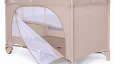 Patut pliabil pentru copii Nichiduta Beige, cu doua nivele, multifunctional 2 in 1, cadru din otel, material poliester 210D, roti cu franare, dimensiune 125 x 65 x 77 cm, geanta de transport inclusa