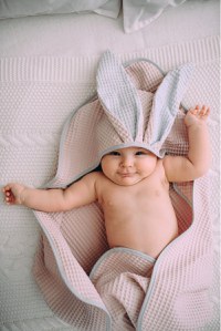 Prosop de baie din bumbac cu capison si urechiuse Floo for Baby Waffle Iepuras Roz - 3
