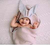 Prosop de baie din bumbac cu capison si urechiuse Floo for Baby Waffle Iepuras Roz - 8