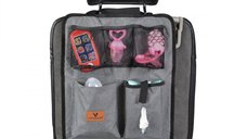 Protectie spatar si organizator auto pentru copii Cangaroo Grey,Model universal,Protejeaza scaunul din fata de murdarie,Buzunare multiple,Compartiment pentru seervetele umede si Sticla