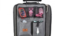 Protectie spatar si organizator auto pentru copii Cangaroo Grey,Model universal,Protejeaza scaunul din fata de murdarie,Buzunare multiple,Compartiment pentru seervetele umede si Sticla