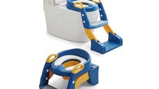 Reductor toaleta pentru copii Little Mom Blue, pliabil, ergonomic, sezut din PVC, manere de sustinere, vas colector detasabil, protectie anti-stropire, suprafata antiderapanta, 55 x 35 x 58 cm