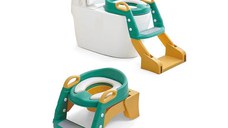 Reductor toaleta pentru copii Little Mom Green, pliabil, ergonomic, sezut din PVC, manere de sustinere, vas colector detasabil, protectie anti-stropire, suprafata antiderapanta, 55 x 35 x 58 cm