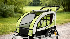 Remorca de bicicleta pentru transport copii, 2 locuri, sigura si confortabila, capacitate 40 kg