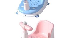 Scaun de baie pentru copii Little Mom Baby Crown Blue, ergonomic cu spatar si husa detasabila, cu ghidon si claxon, dimensiuni 20 x 30 x 36 cm