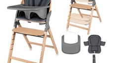 Scaun de masa multifunctional Megan Lionelo, din lemn de fag, 6 luni- adult, reglabil pe inaltime, husa impermeabila, tavita silicon, suport de picioare reglabil, greutate maxima 110 Kg, Gri