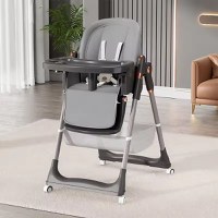 Scaun de masa pentru copii, Little Mom, multifunctional 3 in 1, pliabil, cu Tavita dubla extensibila, cu roti, cos pentru accesorii si husa detasabila, dimensiune 71 x 48 x 89 cm, Grey - 1