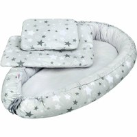 Set 3 piese New Baby Baby Nest cu paturica si pernuta WhiteGrey stars - 6